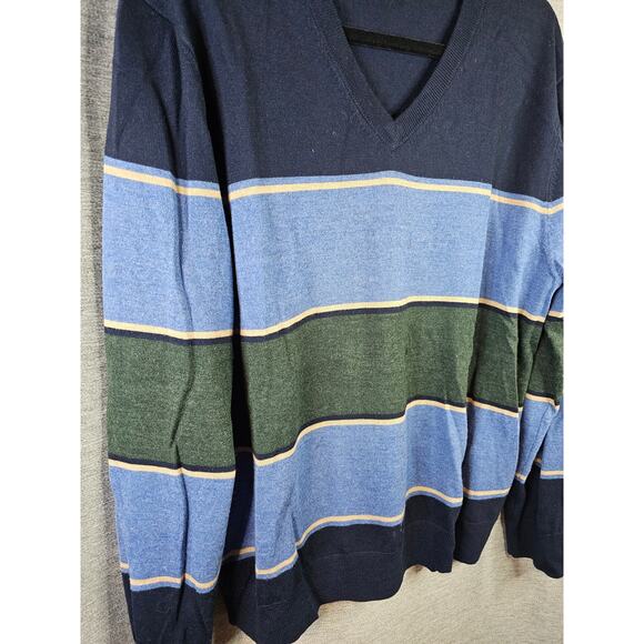 Brooks Brothers 100% Extra Fine Merino Wool V Neck Sweater Sz LG Blue colorblock - Picture 2 of 7